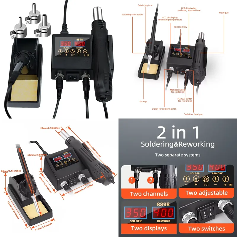 Smd Rework Station Hot Air Soldering 2 In 1 - 60W LED Digital-Display Heißluft-Lötkolben 2-in-1 SMD